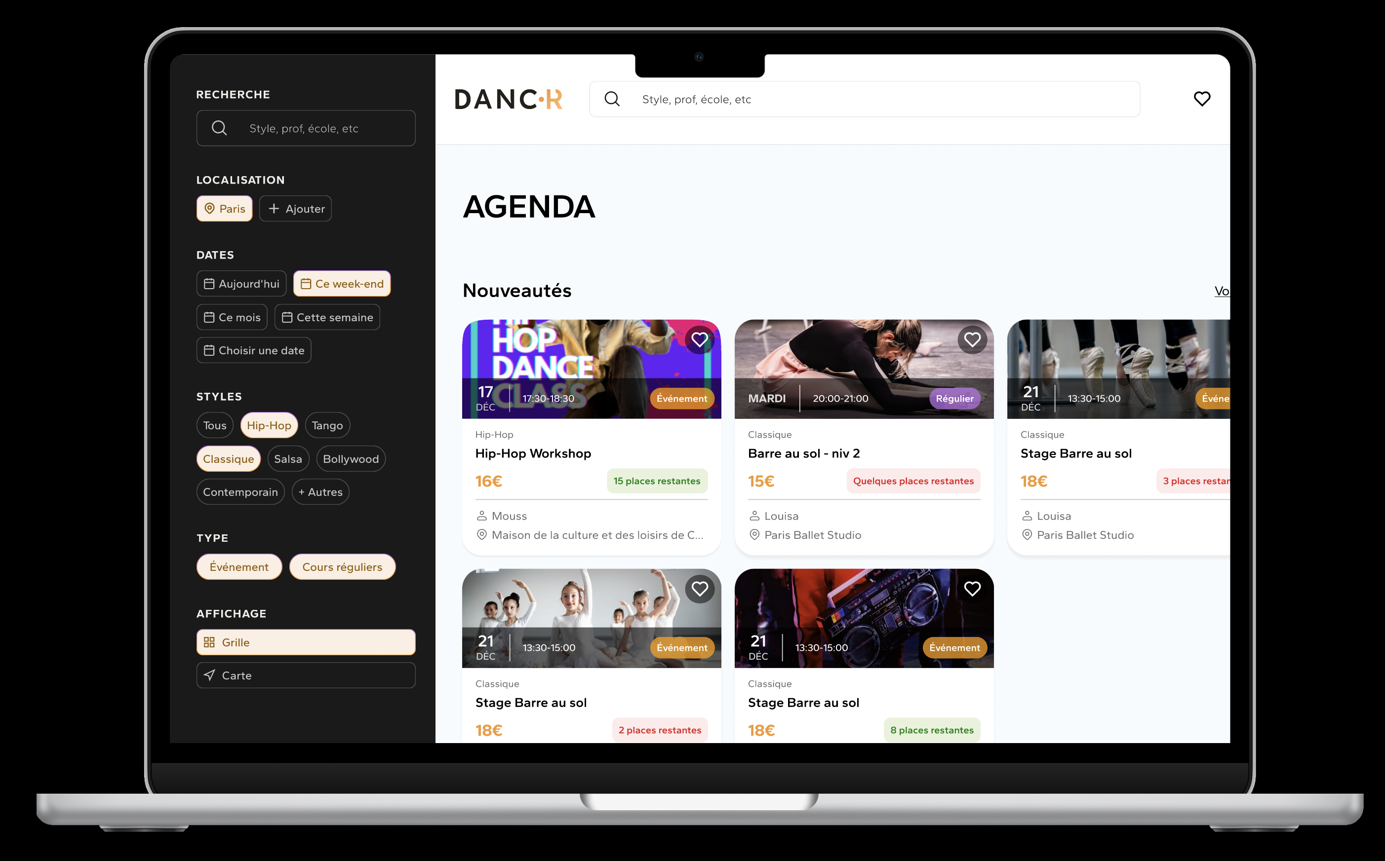 Planning et liens d'inscription dans l'app