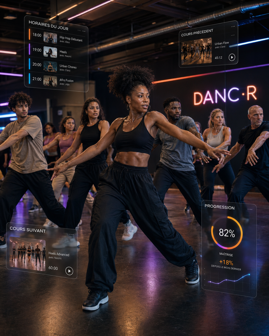 Un groupe de danseurs en studio, en pleine chorégraphie