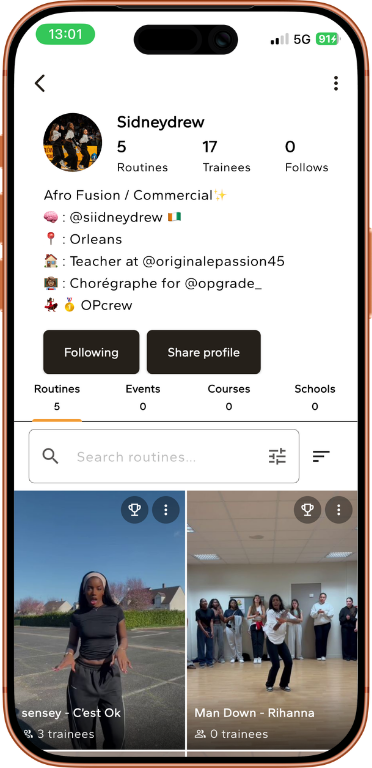 Placeholder : chorégraphies de cours publiées sur le profil prof DANC·R