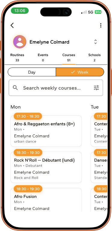Placeholder : liste de cours réguliers et inscriptions sur le profil prof DANC·R