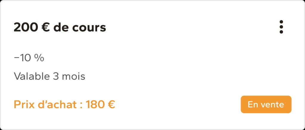 Carte forfait DANC·R : 200 € de cours, −10 %, valable 3 mois, prix d’achat 180 €