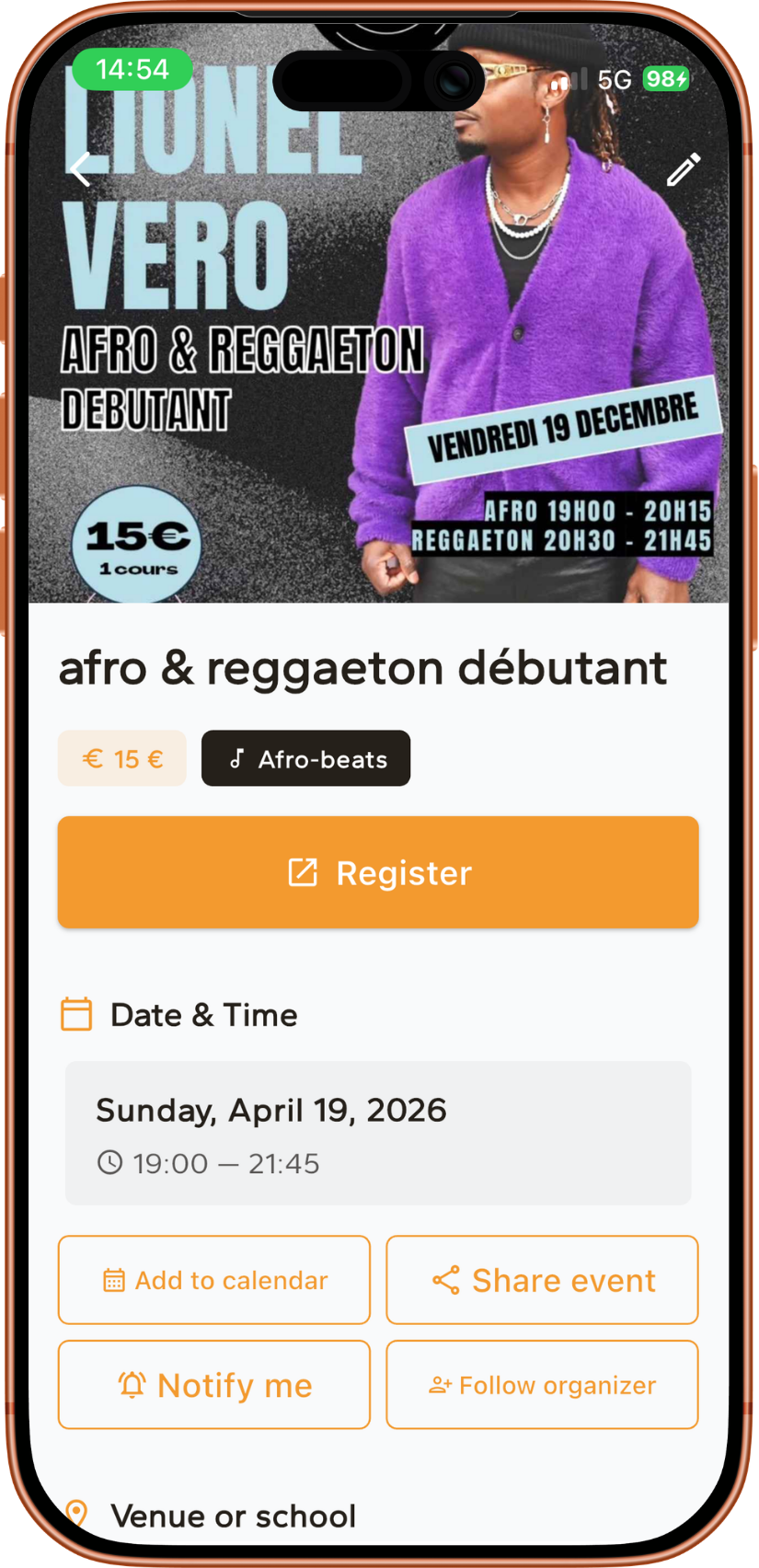 Planning et inscriptions aux cours sur l'app DANC·R